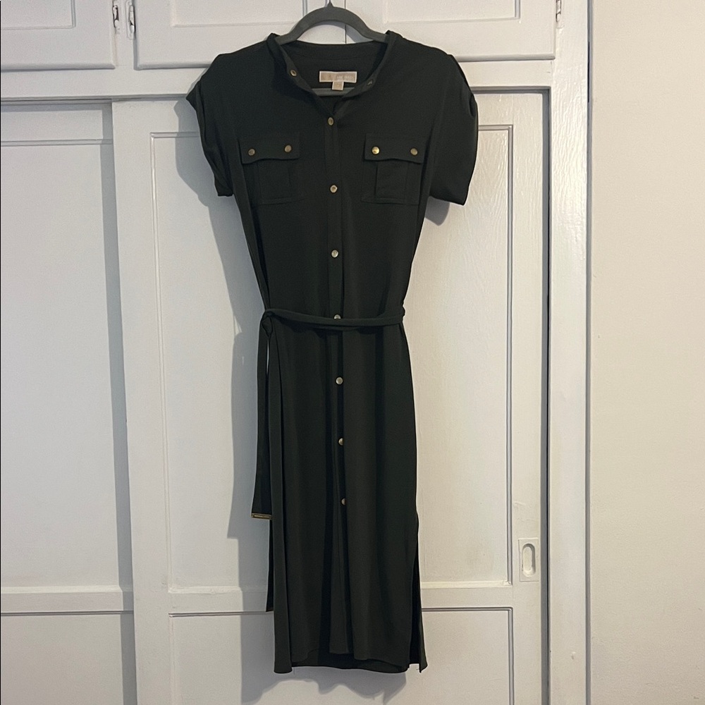 Michael Kors Olive Long Dress with Gold Accents